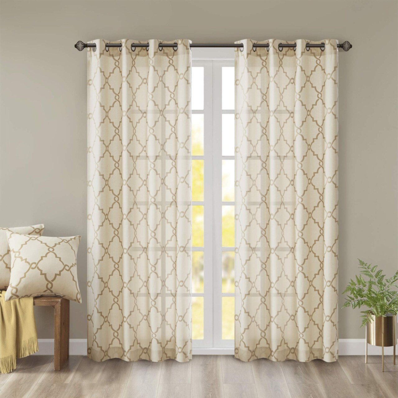 Madison Park Saratoga Basketweave Beige Ground Gold Fretwork Print Patio Window Curtain, 50x84, Silver Grommet Top